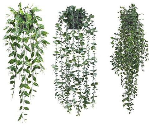 3 Pcs Plantas Artificiales Colgantes con Macetas, Planta Decorativas Artificial, Hiedra Verde Mantenimiento Sin, Decoración Paredes Hogar para Interior Exterior, Balcón, Jardín, Salón, Oficina, Boda