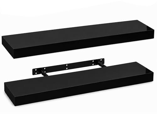 iTrend High Gloss Black Floating Wall Shelf, Wall Mounted Floating Storage Shelves, Modern Book Shelf Display for Living Room, Bedroom, Kitchen & Bathroom, Bracket Included - 80cm, Pack of 2