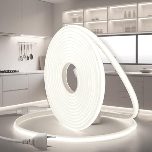 BRIMETI LED Streifen Strip 230V Direktanschluss COB Streifenlicht Aussen 5M Neon Lichterschlauch LED Schlauch Aussenbereich Wasserdicht IP65 Kaltweiss 6000K Leiste 320LEDS/M Band Outdoor Mit Stecker