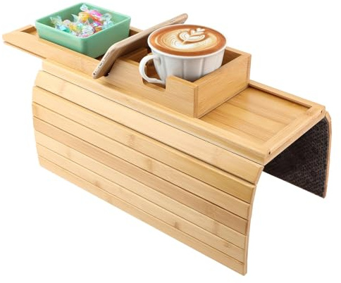 Bambus-Sofa-Aram-Tablett, 2-in-1, faltbarer Getränkehalter, Untersetzer mit ausziehbarem oberem Tablett, Snackschale, flexibler rutschfester Armtisch für Getränke, Tassen, Handy, Fernbedienung, Snacks