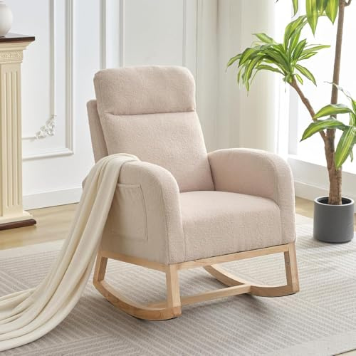 Salutmeuble Mecedora Lactancia Respaldo Alto, Mecedoras de Salón, Moderna Silla Relajante con Bolsillo Lateral, para el Salón, el Dormitorio y la Habitación del Bebé (Beige)