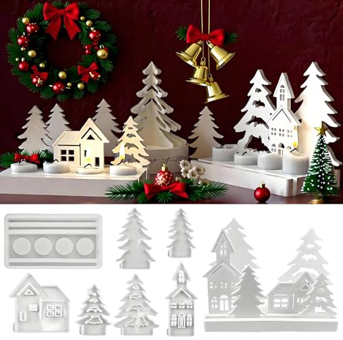 Silikonformen Gießformen Häuser,7 Stück Silikonformen Gießformen Weihnachten,Silikonform Haus,Silikonform Häuschen Silikon Kerzenhalter,Gussformen für Gips Epoxidharz Formen Tannenbaum DIY