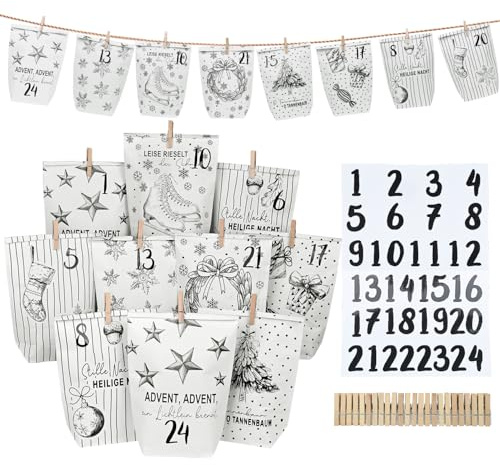 DECHISY Adventskalender Tüten, 24 Papiertüten Adventskalender mit Zahlenaufklebern & Klammern, Diy adventstüten zum Befüllen, Weihnachten Geschenke Machen