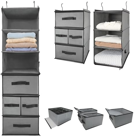 Folzaelar Durable 2-in-1 Hanging Wardrobe Organiser with 4 Removable Drawers & 2 Separable 3-Tier Hanging Shelves Clothes Storage Organization,Space-saving for Closet,Bedroom,Bathroom,Nursery,Dorm,RV