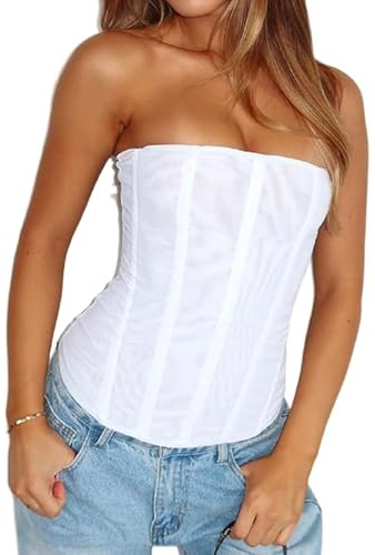 Acrawnni Women Y2k Strapless Bustier Corset Vintage Back Zip Sheer Mesh Boned Bodyshaper Tube Top Sexy Going Out Bandeau Bustier Tops