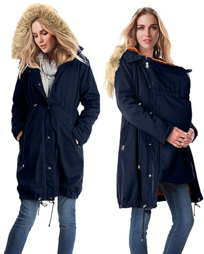 Jackenerweiterung damen Umstandsjacke Mit Babyeinsatz Umstands Baumwolljacke 3 In 1 Knielanger Tragejacke Mit Einstellbarer Kordelzug Winterjacke Warm Mantel für Schwangerschaft & Baby-Tragezeit