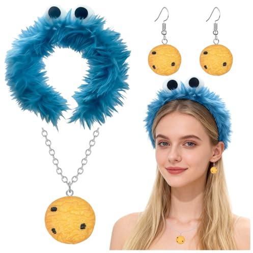 Krümelmonster Haarreif Fasching Damen,Karneval Cookie Monster Accessoires | Kinder Erwachsene Keks Ohrringe Halskette Blau Haarreifen Set für Herren Kostüm Faschingskostüme Cookies Monster-Stirnband