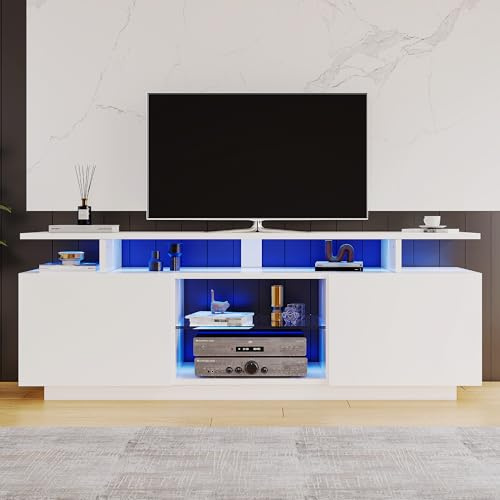 Meuble TV Blanc 140 Cm Longueur Portes Laquées Rangement Ouvert Éclairage LED Commande Application USB Meuble Télé Design Table TV pour Salon Moderne