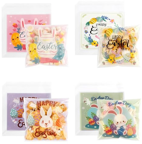 100 Pezzi di Sacchetti di Cellophane Pasquali, Sacchetti di Caramelle Regalo Pasquali, Bustine Trasparente Regalos Pasqua, Bustine Regalo per Caramelle, Biscotti, Cioccolato, Noci (C)