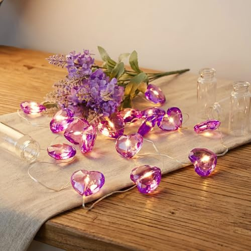 HHMTAKA Purple Crystal Love Heart String Fairy Lights 20 Warm White Micro LEDs on 2m Silver Wire Battery Operated Indoor Romantic Lighting for Home Bedroom Wedding Indoor Décor