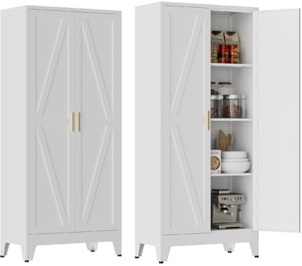 MetaCate lnov Mehrzweckschrank 70 cm Breit, Küchenschrank mit 2 Türen, Verstellbarer 4-Stufiger Metallschrank, Vorratsschrank, Allzweckschrank, für Küche, Esszimmer, Wohnzimmer und Homeoffice-Weiß-D