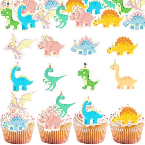 GoldRock 48 Stk Dino Tortendeko Essbar,Dino Geburtstag Deko Kuchen,Muffin Deko Dinosaurier Essbare Tortendeko,Dinosaurier Kuchen Deko,Esspapier Dinos Cupcake Topper für Kinder Geburtstag,Junge,Mädchen