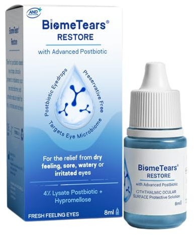 BiomeTears Restore Postbiotic Eye Drops – 4% Postbiotic Lysate & Hypromellose to Rebalance the Eye Microbiome, Hydrating & Lubricating Relief for Dry, Irritated Eyes, 8ml
