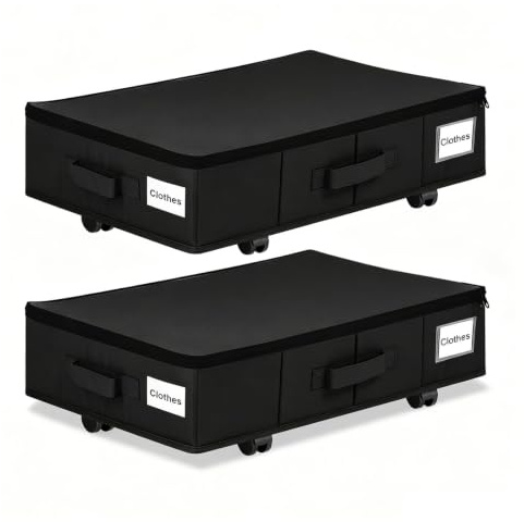 LLHONG 2 Pack Under Bed Storage on Wheels, Underbed Storage Boxes with Lids | Clothes Organiser with Handle | Wheeled Dustproof Storage Box | for Dorms or Home Use | Thick Fabric | Sturdy Bottom