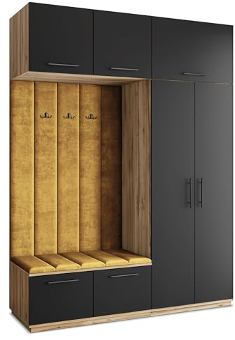 Masseno Flugarderoben Set Rema, Kleiderschrank-Set mit Sitzbank, Garderobenschrank Flur mit 5 Regalböden, Eiche Wotan/Schwarz