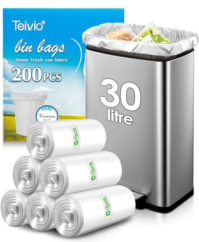 Teivio 30 Litre Clear Bin Bags, 200 Counts Medium Duty 8 Gallon Thick Plastic Waste Liners, Pedal Rubbish Bags for Kitchen Bathroom Home Office, Perfect Fit for 25‑30L Bins