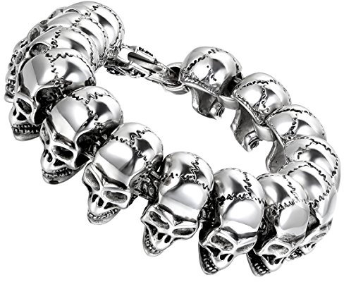 Cupimatch Pulsera Calavera Hombre Grande Gótico Brazalete Cráneo Bicicleta de Plata Acero Inoxidable Link Muñeca