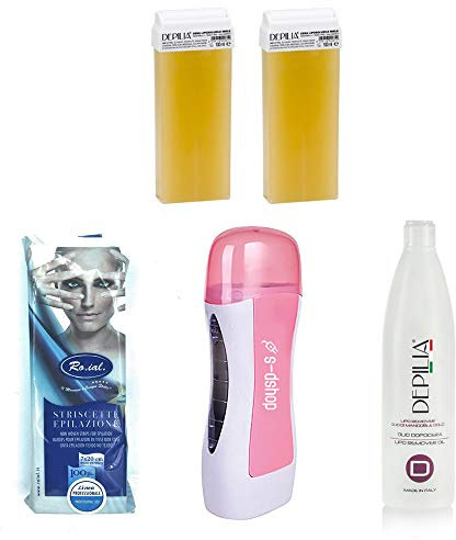 S-DSHOP Kit Épilation Professionnel Chauffe Rouleau + 2 Cire Rouleau + Flacon Huile post-Cire 250 ml + 100 Bandes en TNT