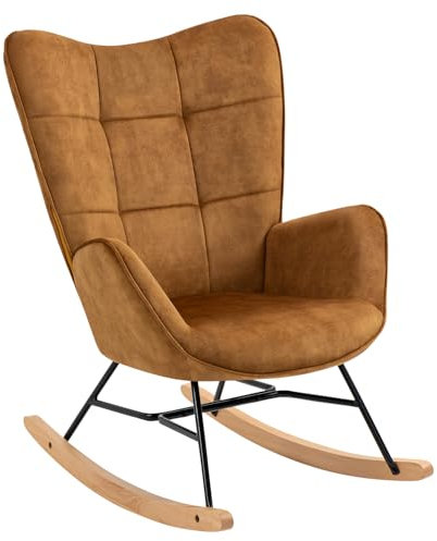 MEUBLE COSY Schaukelstühle Schaukelsessel Schwingstuhl Sessel mit Armlehnen und gepolsterter Sitzfläche für Wohnzimmer Schlafzimmer, Balkon, Metallgestell und Holzkufen, Stoff, Braun