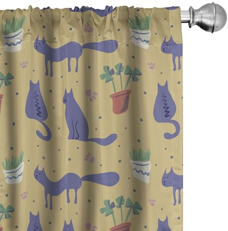 ABAKUHAUS Katze Vorhänge, Gardinen, Meow Themed Pflanzen Cosy Home, Fensterbehandlungen für Wohnzimmer Schlafzimmer Dekor, 2 Stück 75 cm b x 175 cm h, Blau Violett Khaki
