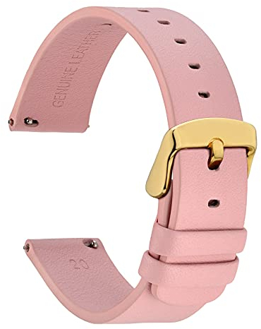 WOCCI 22mm Dünne Flache Leder Uhrenarmband für Smartwatch mit Goldener Schnalle (Hellrosa)