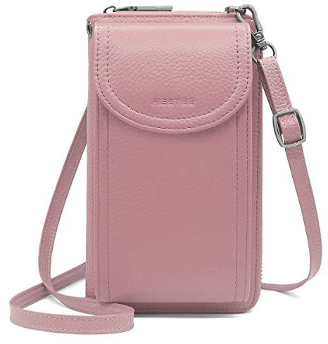 REETEE Handytasche zum Umhängen RFID Schutz Geldbeutel Damen Handy Umhängetasche Leder Viele Fächer Handy Schultertasche mit 12 Kartenfächer Klein Crossbody Handytasche Geldbörse für Frauen (Rosa) …