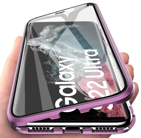 Orgsty Hülle für Samsung Galaxy S22 Ultra 5G, Magnetische Hartglas Hülle mit Vorderseite und Rückseite, Metallrahmen Case mit Eingebaut Magnet, Ultra Dünn 360 Grad Handyhülle, Lila