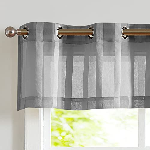 TOPICK Sheer Scheibengardinen 1 Stück H 35 x B 130 (cm) mit Ösen Transparent Bistrogadine Landhausstil Streifen Voile Küchenvorhang Gestreift Küchengardinen für Küchen Badezimmer Klein Fenster Grau