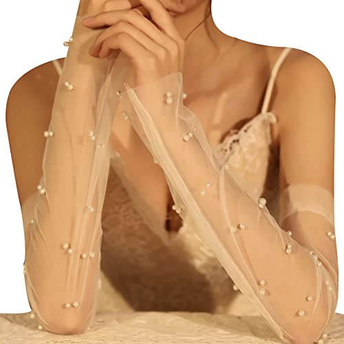 Aublinto Hochzeit Braut Handschuhe,Lange Hochzeitshandschuhe Perle Brauthandschuh Sommerliche Sonnenschutzhandschuhe Tüll Hochzeitshandschuhe Lange Perlenhandschuhe,Fingerlos/Finger