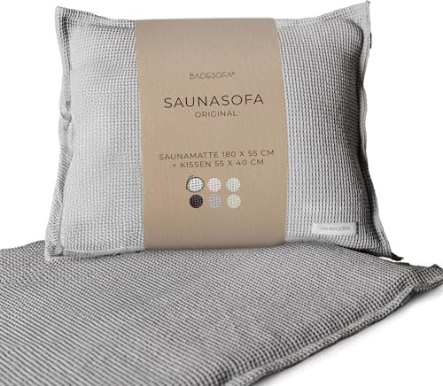 SAUNASOFA Set Long – Saunamatte zum Liegen mit Kissen – Sauna-Auflage für Infrarot & klassische Sauna – Schadstofffrei, waschbar & handgefertigt in Europa – Sauna-Set in Grau