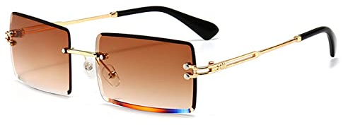 YUELUQU Retro Rahmenlose Sonnenbrille für Damen Herren Mode Retro Rechteck Brille Quadratische durchsichtige Sonnenbrille (A-Gold/tee)