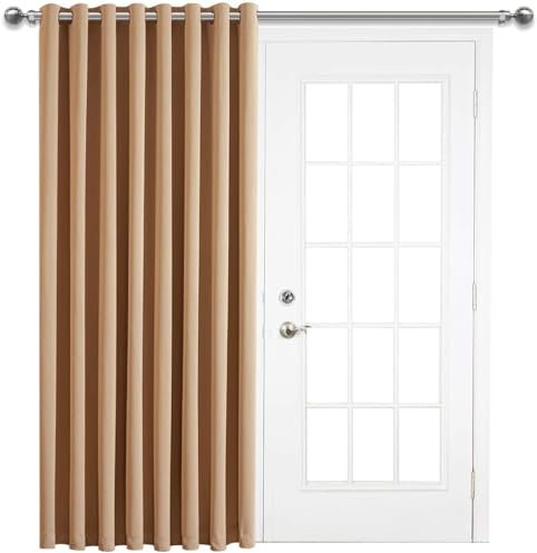 Hafaa Eyelet Blackout Door Curtain 66 x 84 Inch Drop – Ring Top Thermal Insulated Soft Curtains for Living Room 1 Panel with Tieback – Beige