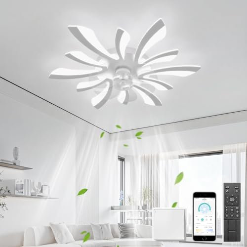 LJX Lampadario con Ventilatore da Soffitto con Telecomando DC Plafoniera con Ventilatore Led Soffitto Silenzioso Dimmerabile Estate e Inverno Cucina Camera da Letto, Bianco
