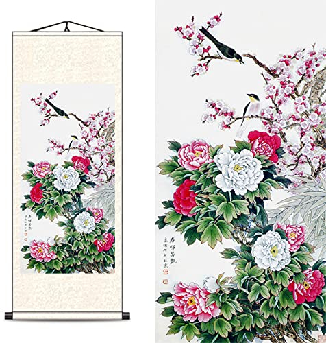 FOVNOT Asiatische Deko, Asiatische Wall Decoration Chinesische Pfingstrose Blumen Schriftrolle Painting Wanddeko Flur Gemälde Wanddeko Wohnzimmer Gemälde Leinwand Wohnzimmer Wanddeko