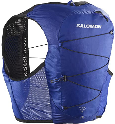 Salomon Active Skin 8 No Flasks Gilet d'hydratation Trail running Randonnée Vélo unisexe, Compatible avec gourdes souples (non incluses), Fit précis, Facilité d’accès, Rangement optimisé, Bleu, L