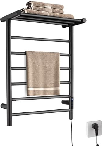 QL Scaldasalviette Elettrico con Timer,Portasciugamani Elettrico da Parete Intelligente a Temperatura Regolabile,Basso Consumo 145W,con Ripiano 680x500mm,Nero