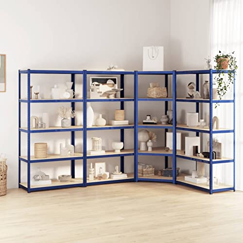 ZEYUAN Regale mit 5 Böden 4 STK Wohnzimmer Regal, Keller Regal, Lagerregal, Haushaltsregal, Aufbewahrung Garage, Bücherregal, Standregal, Blau Stahl & Holzwerkstoff