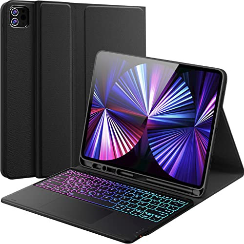 Earto Teclado para iPad Air 13 Pulgadas (M2/M3), Teclado para iPad Pro 12.9 (6/5/ 4/3 Gen.) con Trackpad, 3 Zonas 7 Colores Retroiluminada, 2 Canales BT, Teclado Magnético Extraíble, Español Ñ, Negro