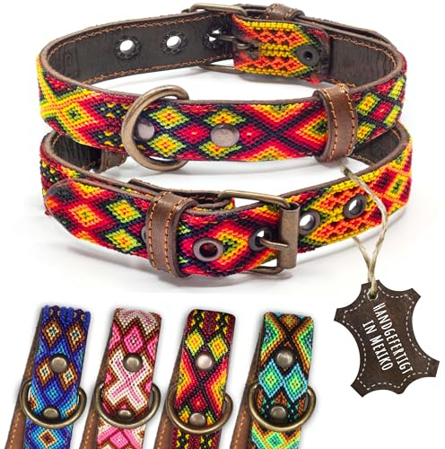 ALTEZAR Hundehalsband Leder - braunes Rindsleder Tribal Feuerrot durchgehend Bestickt gelb/orange/rot - Handgemacht in Mexiko Lederhalsband Hund - Größe S - für kleine Hunde