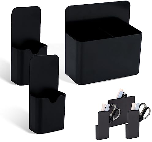 PEUTIER 3pcs Porte Stylo Magnétique Frigo, Dont 1 Grand Pot Crayon Aimanté + 2 Petits Porte-Marqueurs Magnétique avec Aimant Puissant pour Réfrigérateur Tableau Blanc Casier (Noir)