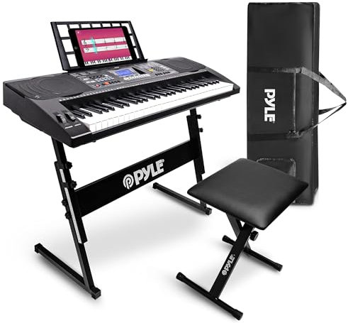 Pyle Tastiera Elettronica Portatile a 61 Tasti 2 in 1 per Suonare e Cantare con Custodia Impermeabile, Sgabello per Tastiera e Supporto per Tastiera, Nero