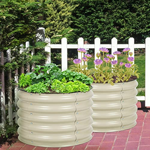 Aoodor Aluzinc Hochbeet aus Metall, 43,2 cm hoch, 61 cm, rund, für den Außenbereich, Pflanzkasten für Gemüse, Blumen und Kräuter, Beige