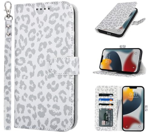 Zouzt Case for iPhone 13 Pro (6.1 Inch), Premium PU Leather Wallet Case with Credit Card Holder Slot Flip Folio Kickstand Shockproof Protective Phone Cover (White Leopard Pattern)