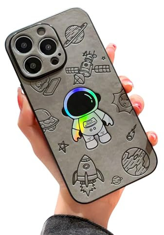 Ownest Compatible with iPhone 13 Pro Max Case with Holographic Laser Shiny Cute Astronaut Pattern Soft Leather for Bumper Lens Protection Case for iPhone 13 Pro Max-Gray