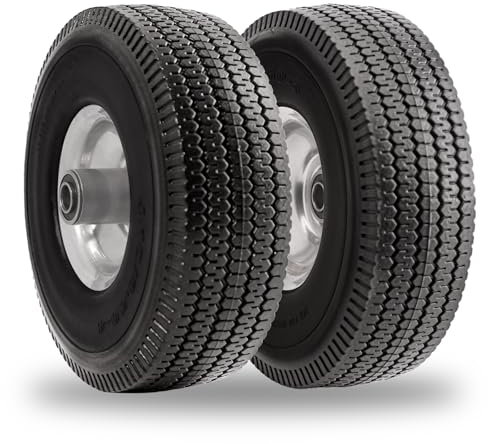 RRQ 25,4 cm (10 Zoll) massiver Polyurethan-Reifen, 4,10/3,50-4 Reifen, 25,4 cm flache Freiräder mit 5/8 Zoll Lager, 5,6 cm Offset-Nabe für Gartenwagen, Sackkarre, Rasenmäher (2 Stück)
