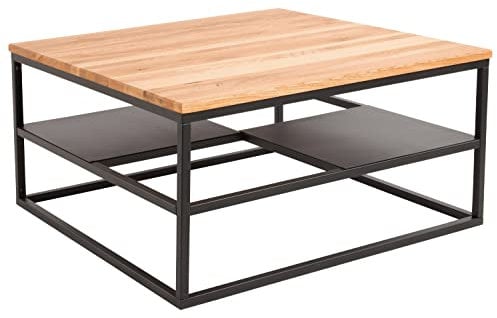 SAM B-Ware Couchtisch 80x80cm Benita, Wildeiche massiv + geölt, Sofatisch mit schwarzem Metallgestell und 2 Ablagen