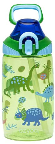 bzyoo Kids Water Bottle 16oz - Leakproof & Easy to Open! Green with Cute Dinosaur Patterns. Features Handle and Secure Lock. Includes Handy Straw for On-the-Go Bottle!