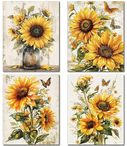 CREATCABIN 4Pcs Sunflower Prints Wall Art Plant Canvas Poster Vintage Flower Picture Wall Decorations Rustic Floral Canvas Wall Art Rectangle Chemical Fiber Oil for Home Farmhouse 10x8Inch-Unframed