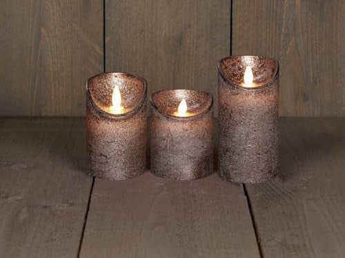 3er Set Kerze LED Echtwachskerze 10 cm + 12,5 cm + 15 cm Kerze Ø 7,5 cm viele Farben mit Timer flackender Docht Wachskerze Kerzen, Farbe:Bronze