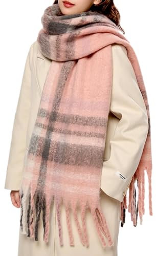 OUNIYA Grande écharpe épaisse surdimensionnée en laine épaisse chaude pour l'hiver, Rose/plaid, Large